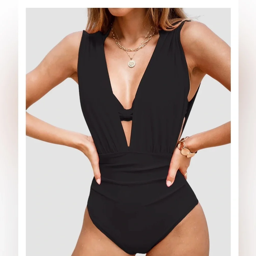 LilyLove Plunge One-Piece Swimsuit with Optional Bra Top, size XL